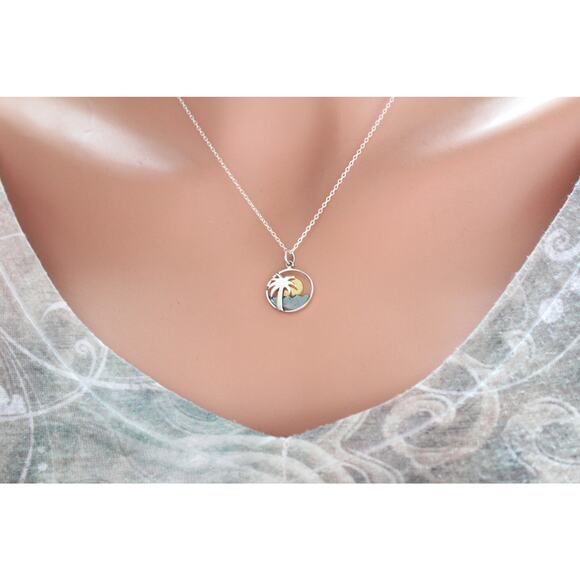 Sterling Silver Palm Tree Ocean Charm with Bronze Sunset - Picture 3 of 5